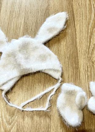 Набір: зимова тепла біла шапка носочки зайка для новонароджених малюків