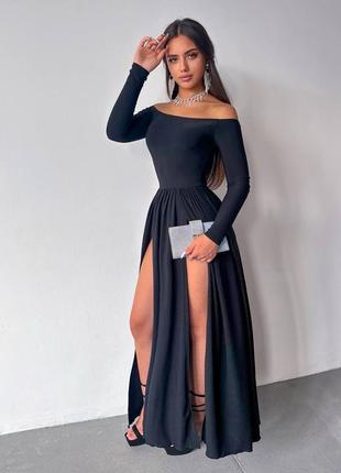 Платье миди с длинными рукавами открытыми плечами приталенное с обильной юбкой с разрезами платья стильная вечерняя черная красная6 фото