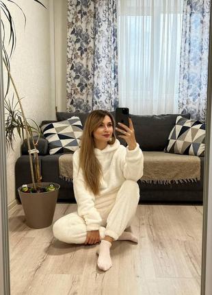 Махровая пижама худи оверсайз удлиненный брюки свободный комплект белая графитовая бежевая бордовая черная плюшевая теплая для дома для сна9 фото