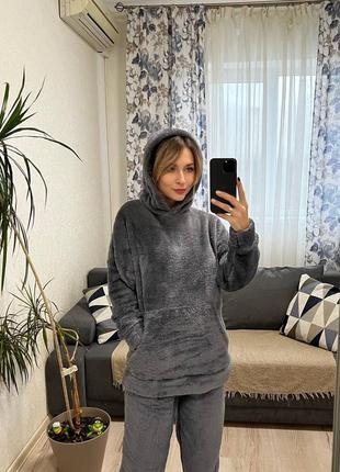 Махровая пижама худи оверсайз удлиненный брюки свободный комплект белая графитовая бежевая бордовая черная плюшевая теплая для дома для сна8 фото