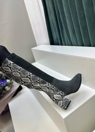 Екслюзивні чоботи з італійської шкіри та замші жіночі на підборах сірі4 фото