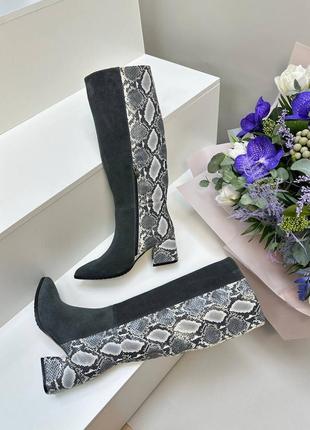 Екслюзивні чоботи з італійської шкіри та замші жіночі на підборах сірі6 фото