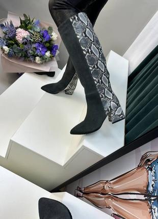 Екслюзивні чоботи з італійської шкіри та замші жіночі на підборах сірі5 фото