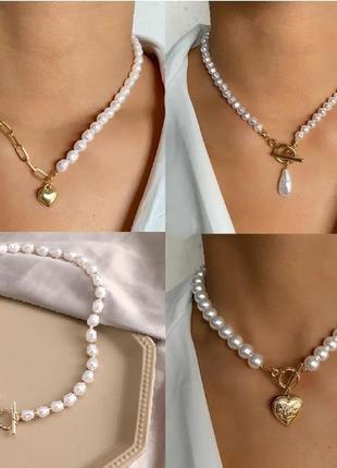Шикарне модне перлове кольє намисто зі штучними перлами серце1 фото
