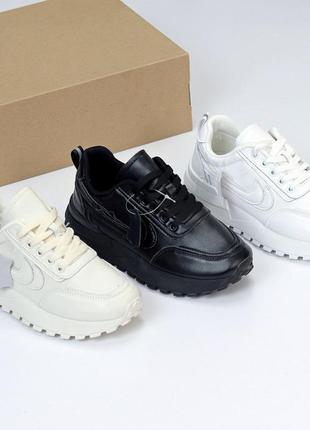 Стильні жіночі кросівки шкіряні ц чорному білому та бежевому кольорі 😍😍😍3 фото