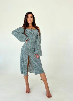 Идеальное платье в цветочном принте длины миди с объемными рукавами и разрезом на ноге лавандовая оливковое стильная качественная8 фото