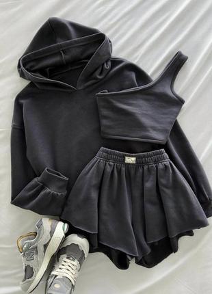 Жіночий темно-сірий стильний якісний трендовий костюм комплект 3 трійка (світшот+топ+шорти)🥰