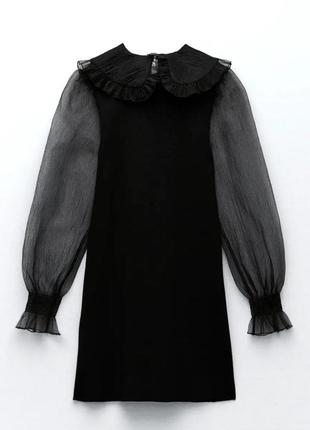Ефектна міні сукня чорного кольору із рукавами воланами з органзи4 фото