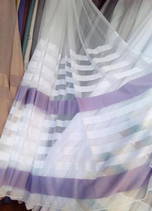 Тюль микросетка з фіолетовими і білими смужками1 фото