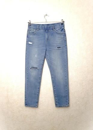 Италия джеггинсы джинсы на резинке высокая посадка сине/голубые с дырами котоновые деми/лето женские1 фото