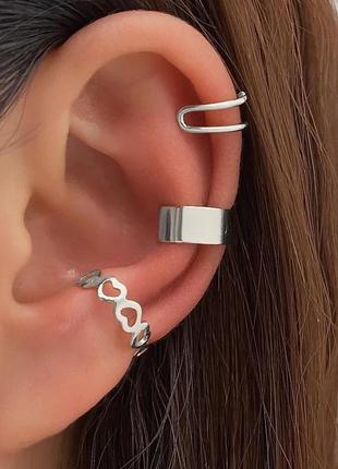 Шикарный набор серьг кафов без прокола 3шт кафф клипс на ухо earcuff 2 цвета2 фото