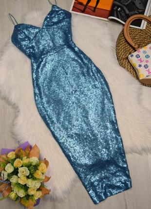 Платье в пайетки голубое блестящее по фигуре вечернее платье4 фото