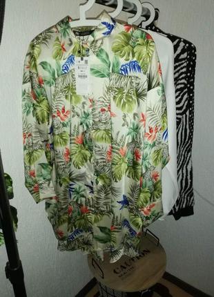 Рубашка oversized zara с принтом тропик молочная6 фото