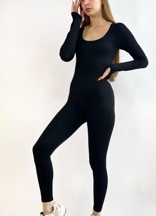Женский комбинезон спортивный размер s черный слитный костюм для фитнеса в рубчик удлиненный рукав и лосины4 фото