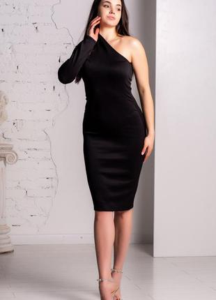 Жіноче плаття-футляр по коліно асиметричне на одне плече. чорний 383 фото