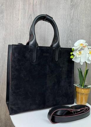 Замшевая женская сумка большая черная, женская сумочка из натуральной замши и эко кожа1 фото