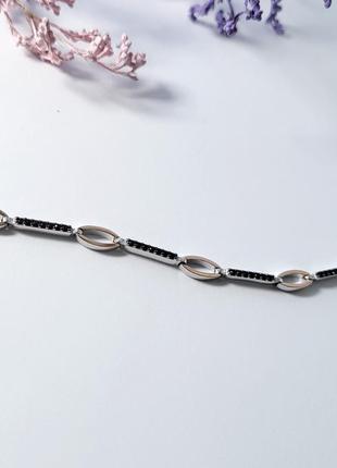 Срібний браслет на руку 17-20.5 см із чорними каменями із золотою пластиною срібло 925 проби 1008 6.12г4 фото
