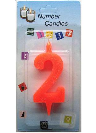 Свеча на торт цифра "2" оранжевая  5см