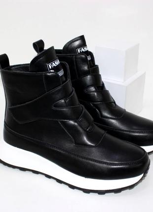 Демисезонные кожаные ботинки, высокие черные кроссовки из натуральной кожи на липучках, кожаные ботинки спортивные1 фото