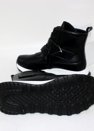 Демисезонные кожаные ботинки, высокие черные кроссовки из натуральной кожи на липучках, кожаные ботинки спортивные8 фото