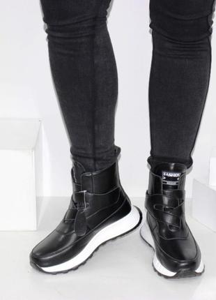 Демисезонные кожаные ботинки, высокие черные кроссовки из натуральной кожи на липучках, кожаные ботинки спортивные3 фото