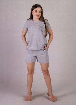 Пижама футболка с шортами женская летняя для сна трикотаж серая р.46-60