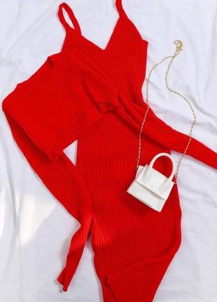Жіночий базовий комплект/ костюм в рубчик з сукнею міді🔥(сукня + топ/ кофтинка) бежевий/ коричневий/ чорний/ зелений/ червоний6 фото