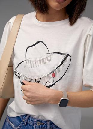 Женская футболка с рукавами-фонариками и принтом шляпка3 фото