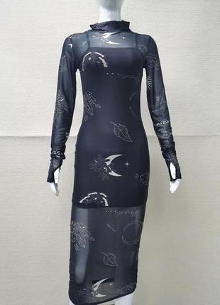 Меди черное платье сетка с эффектом тату, черное прозрачное платье двойка с принтом татуировка, прозрачная сетка + платье-майка мини7 фото