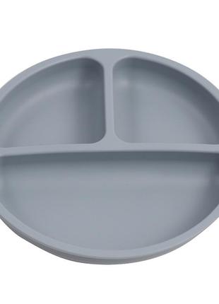 Силиконовая секционная тарелка круглая на присоске темно серый цвет