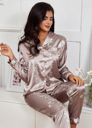 Женская пижама костюм для дома рубашка брюки  материал атлас цвет капучино (м)