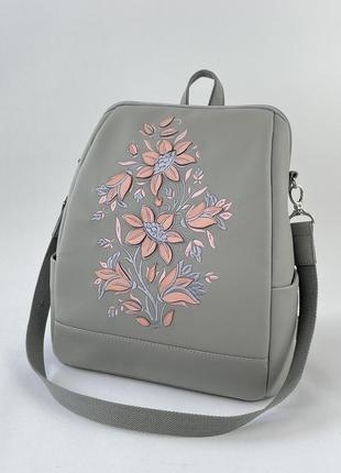 Рюкзак українського виробника сумка 2в1 сіра з ніжним квітковим принтом1 фото