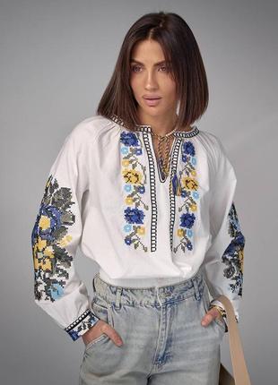 Колоритная блуза вышиванка, украинская вышиванка, этатно рубашка с вышивкой
