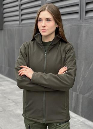 Весенняя хаки куртка без капюшона из софтшела pobedov shadow женская