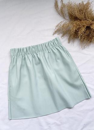 Юбка, юбочка, мини, эко-кожа, эко кожа, голубая, на резинке