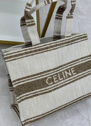 Трендовая бежевая сумка шопер celine селин текстиль кожаные вставки премиум качество6 фото