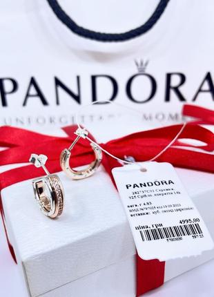 Срібні сережки пандора 282737c01 пусети гвоздики двоколірні з паве камінь рожеве золото проба 925 новий з биркою pandora1 фото