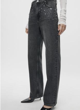 Нові сірі прямі джинси zw collection zara зі стразами розмір 38