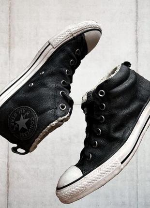 Зимові шкіряні кеди converse all star високі оригінальні чорні з хутром