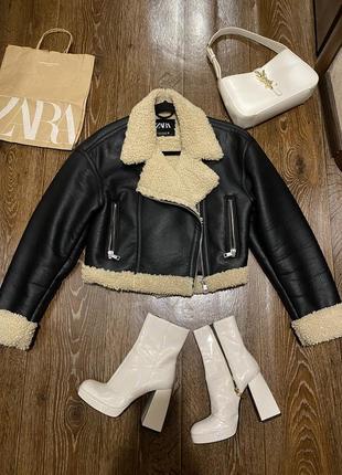 Шикарна укорочена трендова дублянка косуха авіатор фірми zara xs3 фото