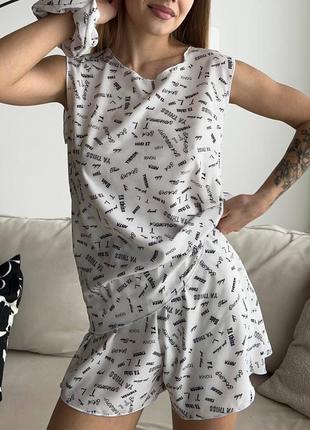 Пижама костюм домашный софт принт майка шорти резинка для волос8 фото