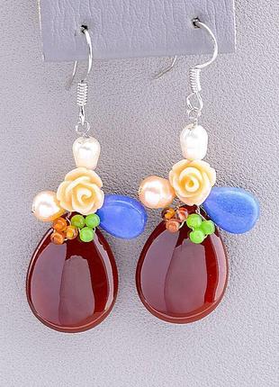 Серьги женские модные элегантные  hand made  сердолик бижутерный сплав9,2 г.