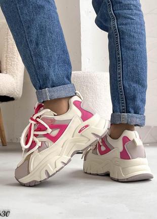 Трендовые женские кроссовки, беж/розовый, экокожа4 фото