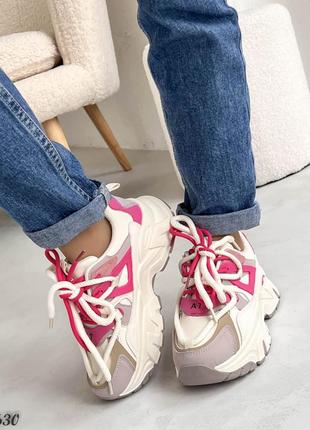 Трендовые женские кроссовки, беж/розовый, экокожа6 фото