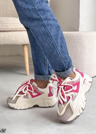 Трендовые женские кроссовки, беж/розовый, экокожа2 фото