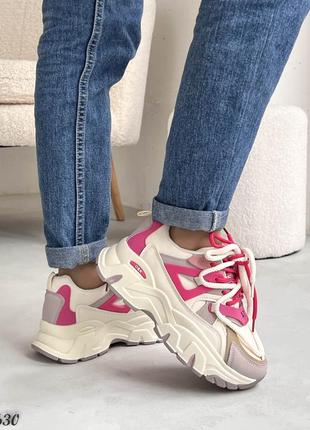 Трендовые женские кроссовки, беж/розовый, экокожа3 фото
