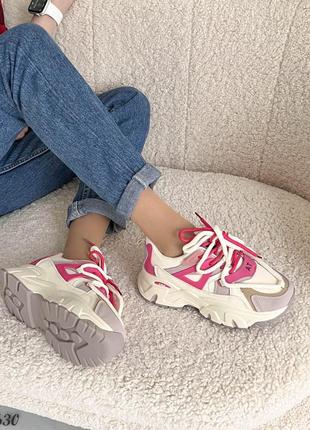 Трендовые женские кроссовки, беж/розовый, экокожа7 фото