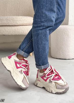 Трендовые женские кроссовки, беж/розовый, экокожа5 фото