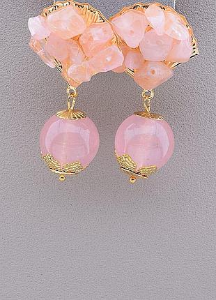 Серьги женские модные элегантные  stainless steel  розовый кварц