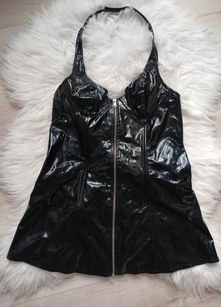 Сексуальный лакированный черный пеньюар, корсетное лаковое мини платье